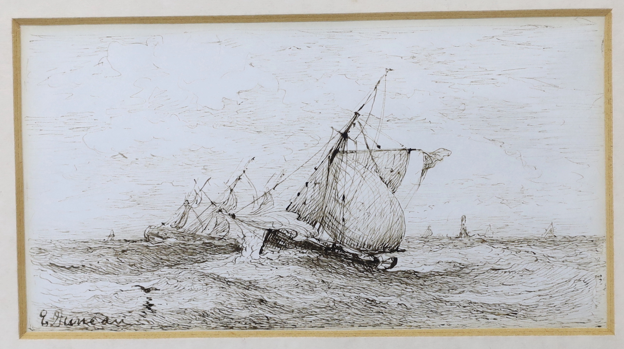 Edward Duncan RWS (1803-1882), pen and ink, Ships at sea, signed, 15 x 8cm